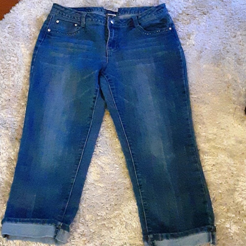 Earl Jeans rolled cuff embellished crop blue jeans 5 pocket whiskers size 10 …